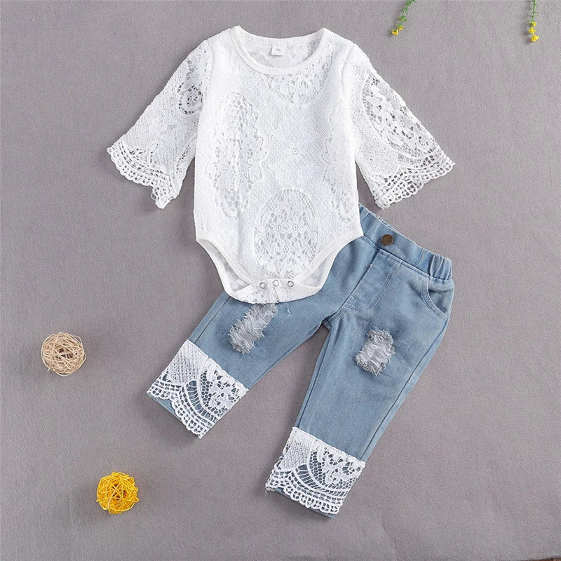 Baby Girl Fall Outfit – Lace Long Sleeve Romper & Ripped Jeans Set (0–24M, 2PCS)