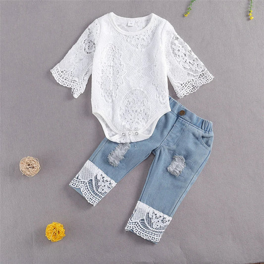 Baby Girl Fall Outfit – Lace Long Sleeve Romper & Ripped Jeans Set (0–24M, 2PCS)