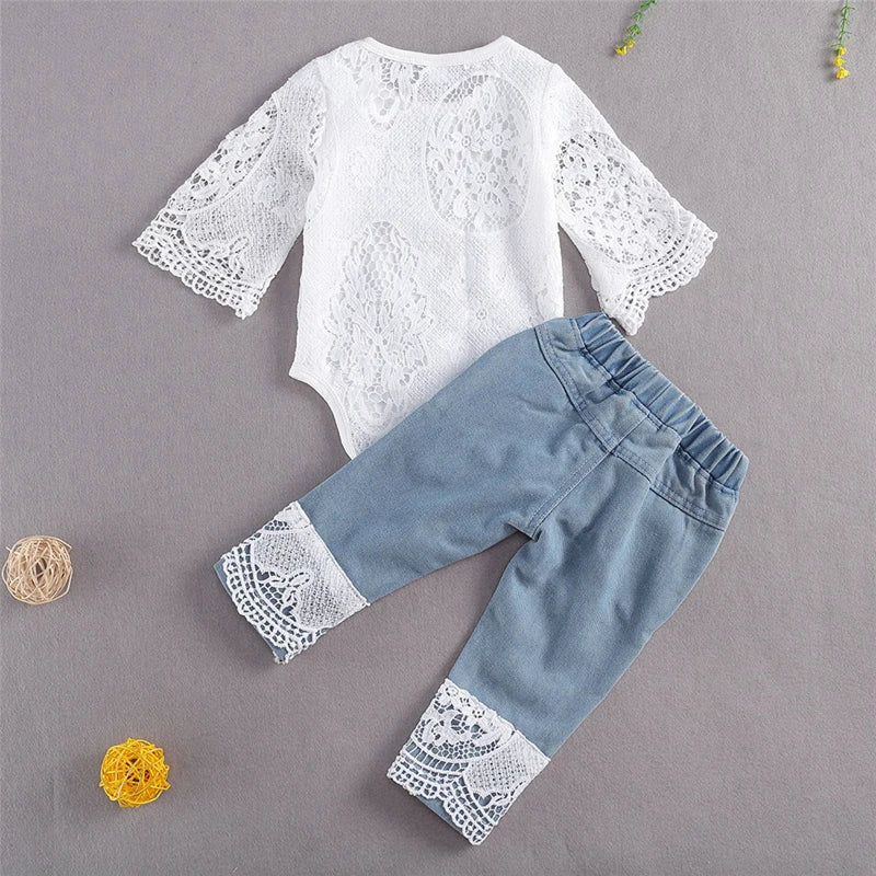 Baby Girl Fall Outfit – Lace Long Sleeve Romper & Ripped Jeans Set (0–24M, 2PCS)