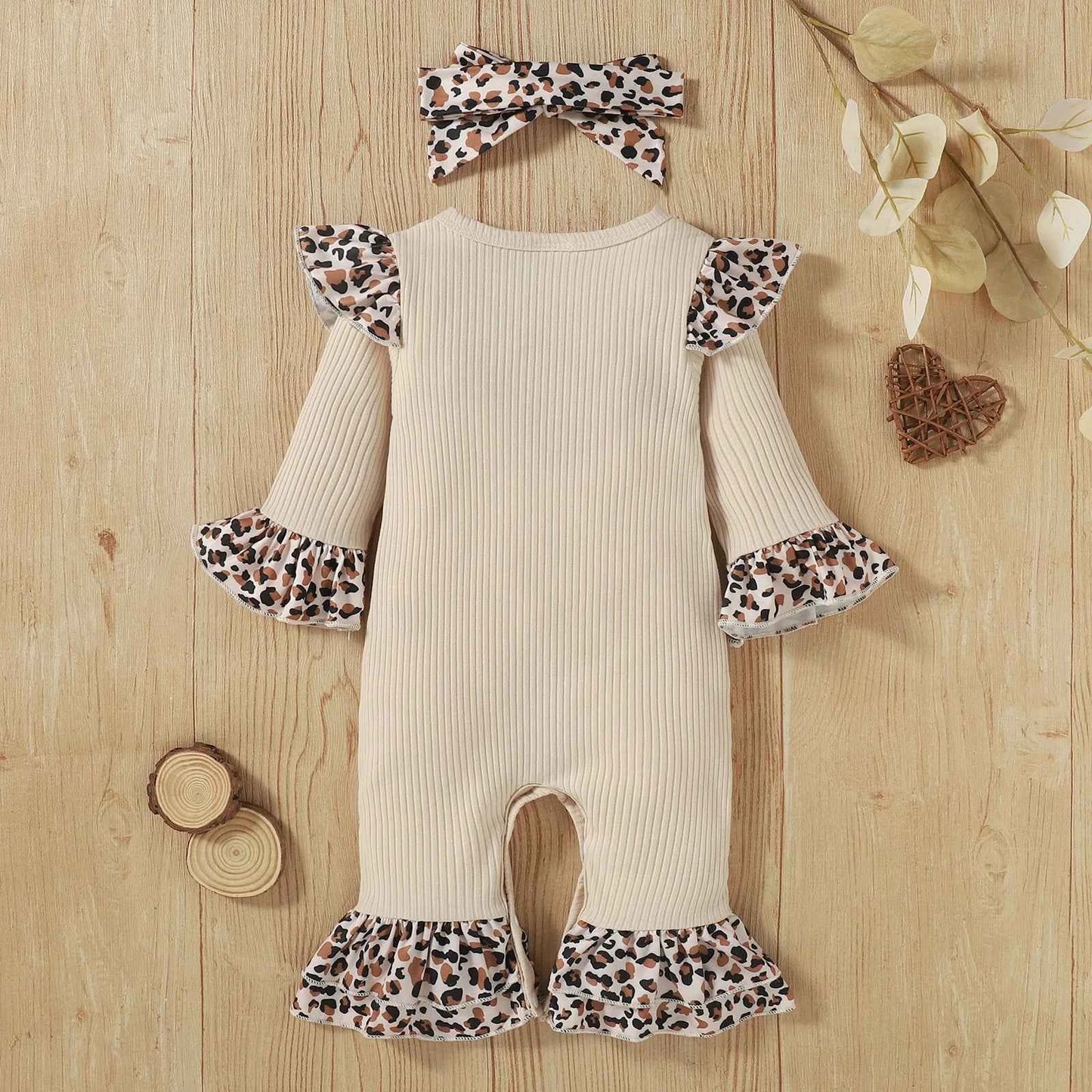 Baby Girl Christmas Outfit - Leopard Print Flared Sleeve Jumpsuit & Headband Set
