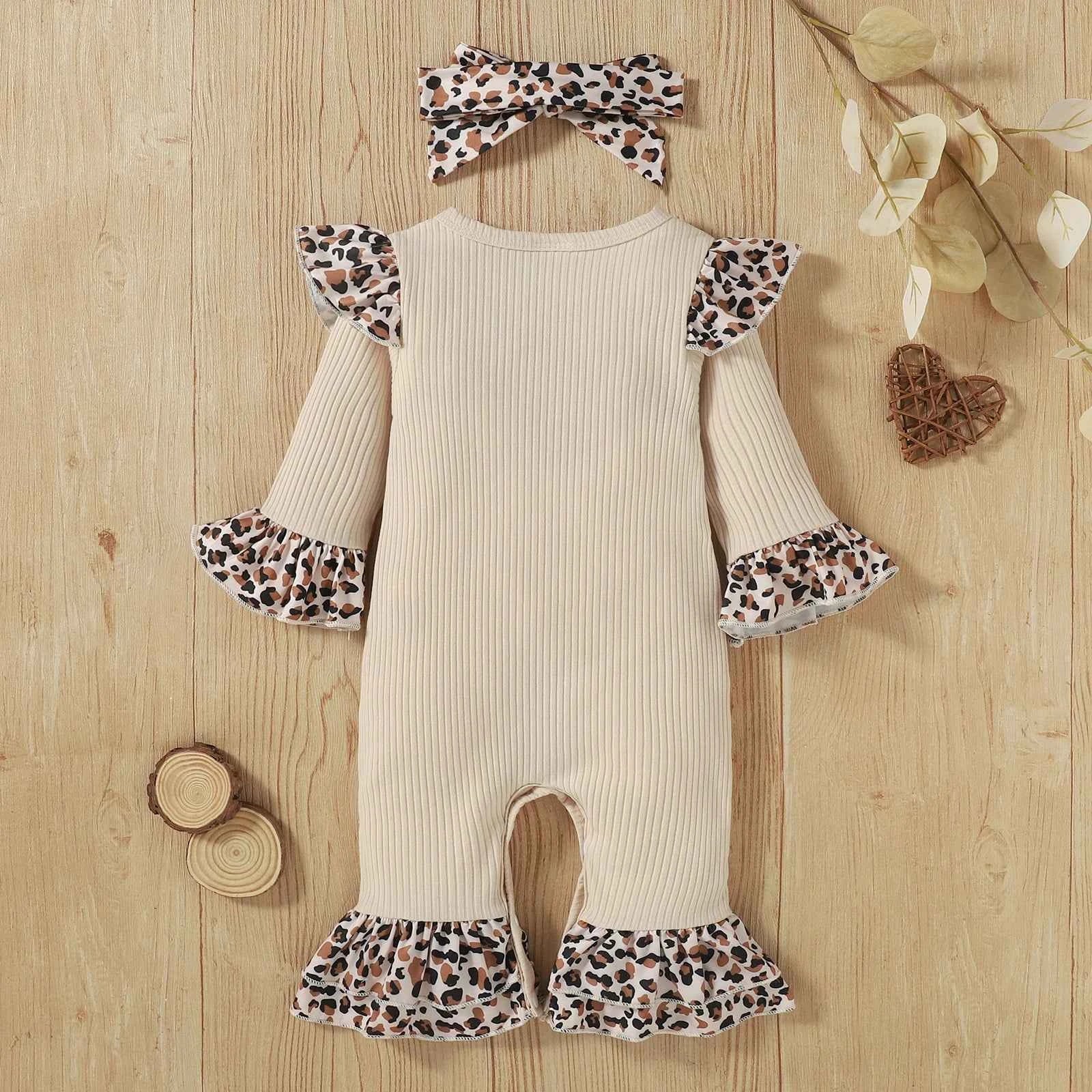 Baby Girl Christmas Outfit - Leopard Print Flared Sleeve Jumpsuit & Headband Set