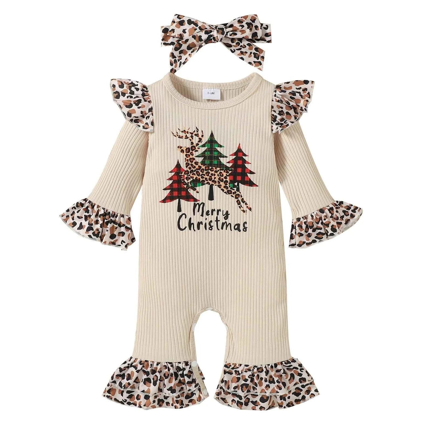Baby Girl Christmas Outfit - Leopard Print Flared Sleeve Jumpsuit & Headband Set