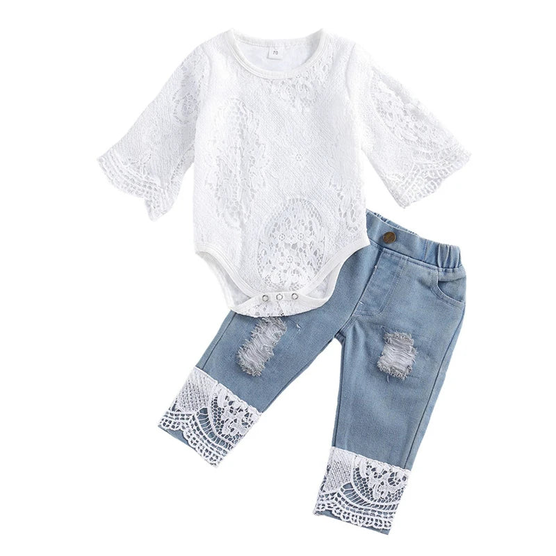 Baby Girl Fall Outfit – Lace Long Sleeve Romper & Ripped Jeans Set (0–24M, 2PCS)