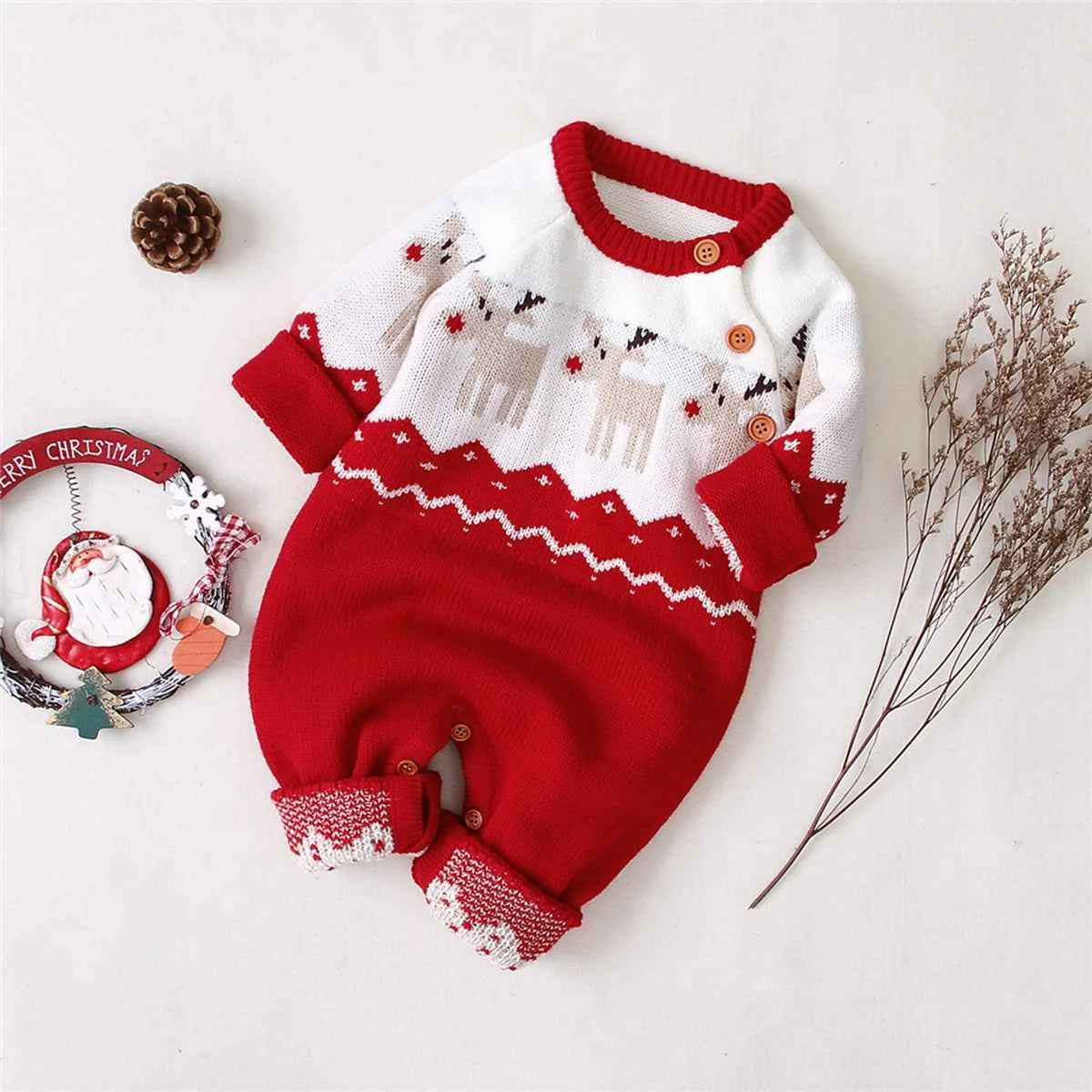 Baby Christmas Sweater Romper – Reindeer Elk Print Long Sleeve Jumpsuit Outfit (3–18M)