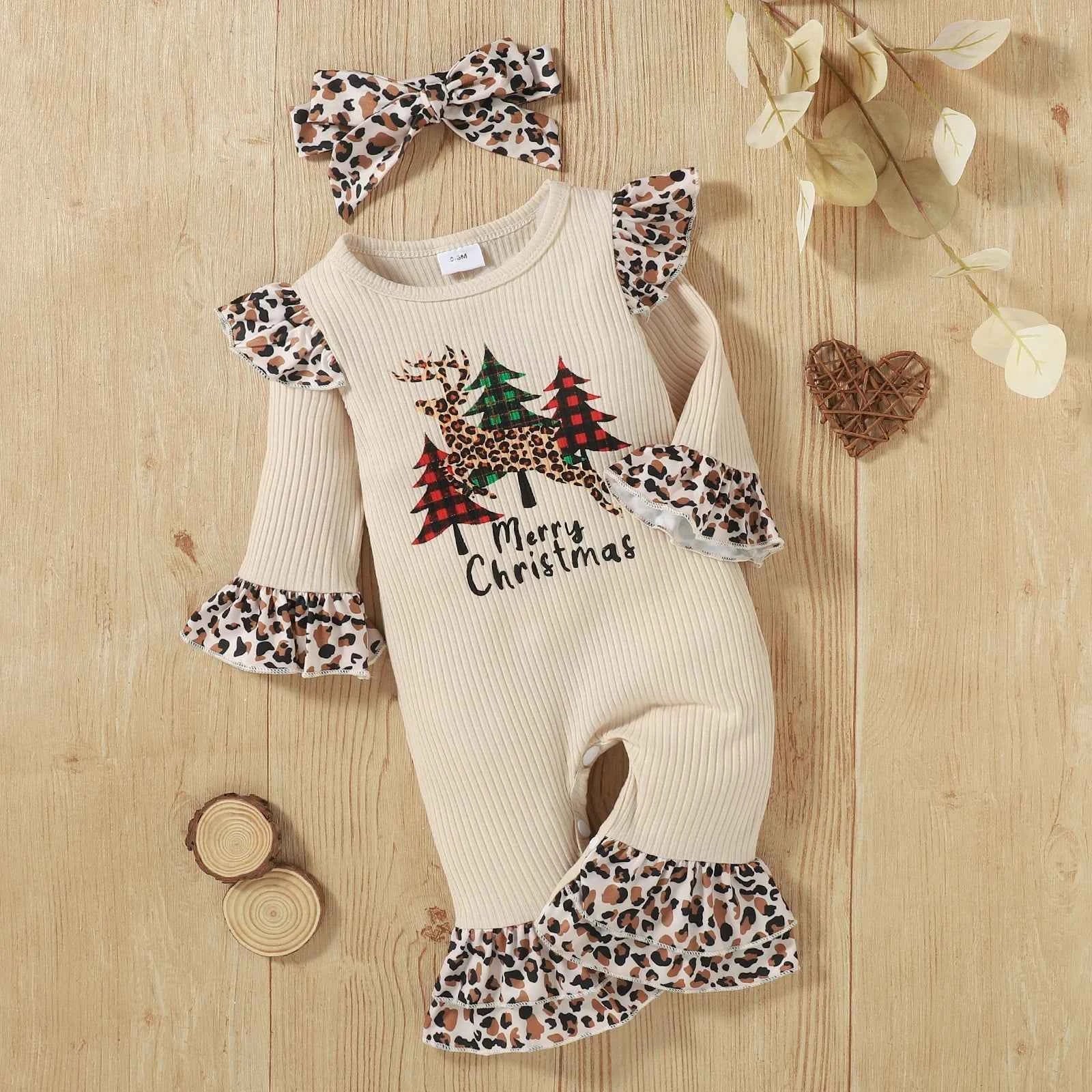 Baby Girl Christmas Outfit - Leopard Print Flared Sleeve Jumpsuit & Headband Set