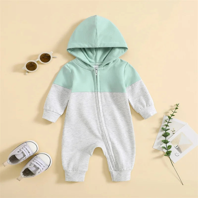 Infant Baby Boy Hooded Romper – Long Sleeve Contrast Zipper Jumpsuit 0-18M