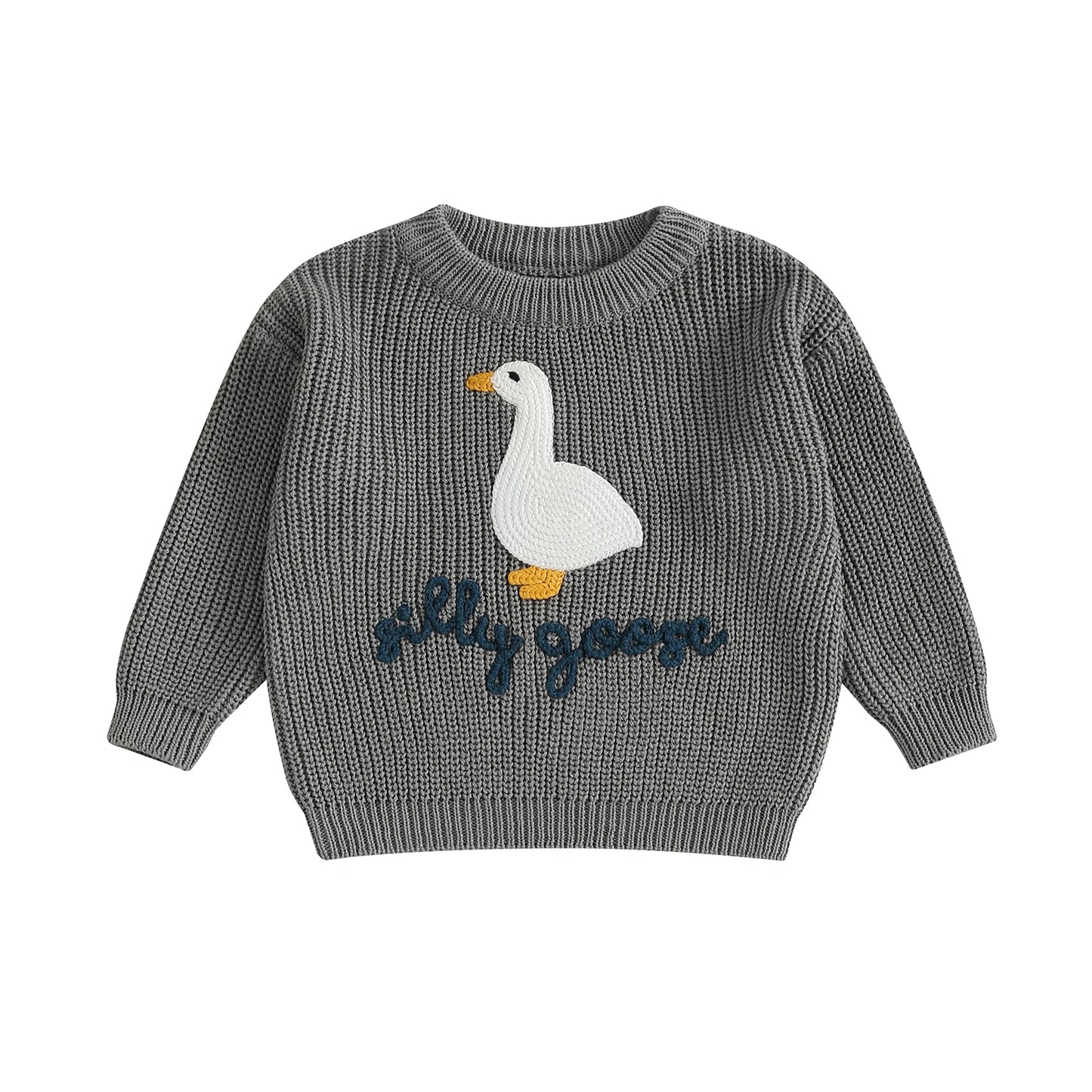 Toddler Boys ‘Silly Goose’ Embroidered Sweater – Crewneck Long Sleeve Pullover