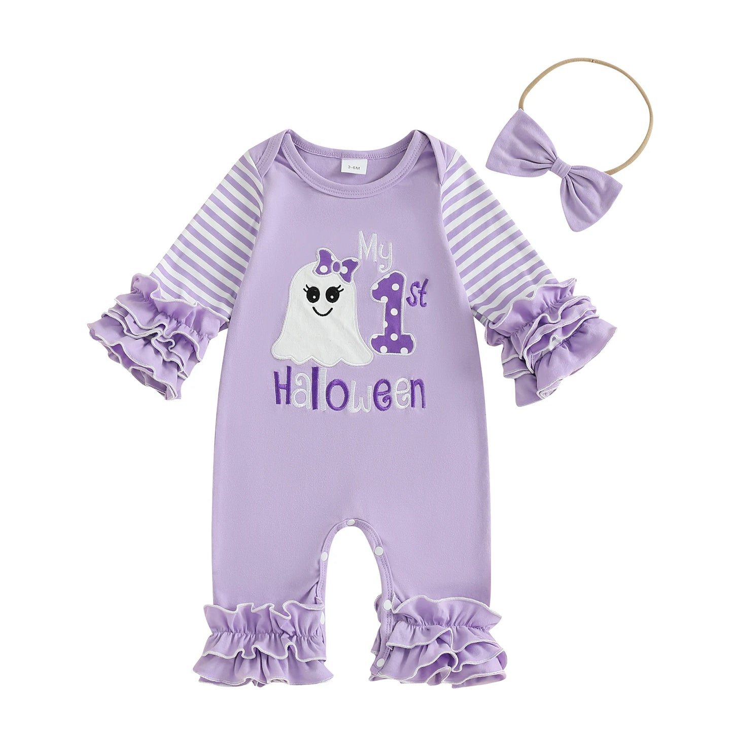 Toddler Baby Girl Halloween Outfit – Pumpkin Ghost Embroidery Romper with Headband
