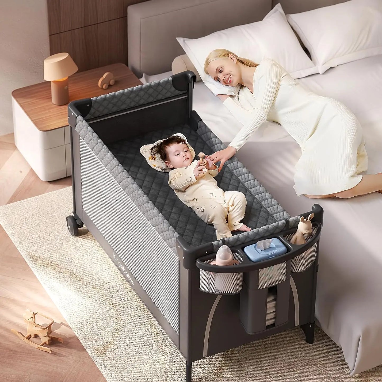 4-in-1 Baby Bassinet – Pack and Play Bedside Crib Sleeper with Diaper Changer and Mosquito Net