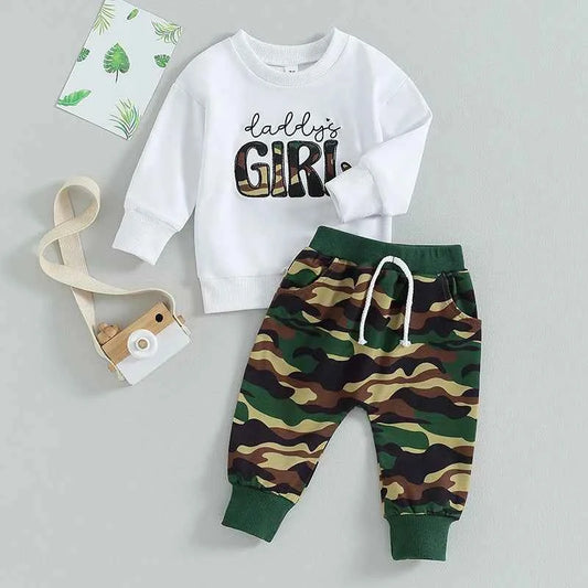 Baby Girl White Pullover & Camo Pants Set – 2-Piece Toddler Outfit