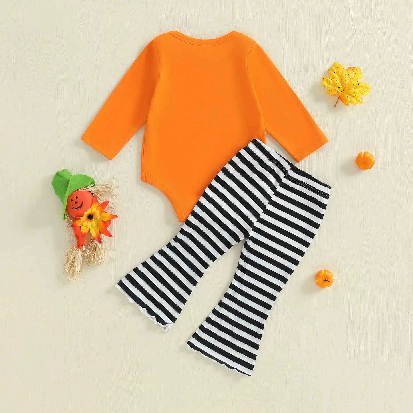 Baby Girl Halloween Outfit – Pumpkin Face Long Sleeve Romper + Striped Bell Bottom Pants 2-Piece Set