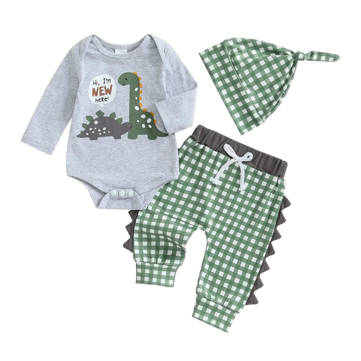 Toddler Boy Birthday Outfit – Dinosaur Print Romper and Denim Overalls 2-Piece Summer Set with Matching Hat