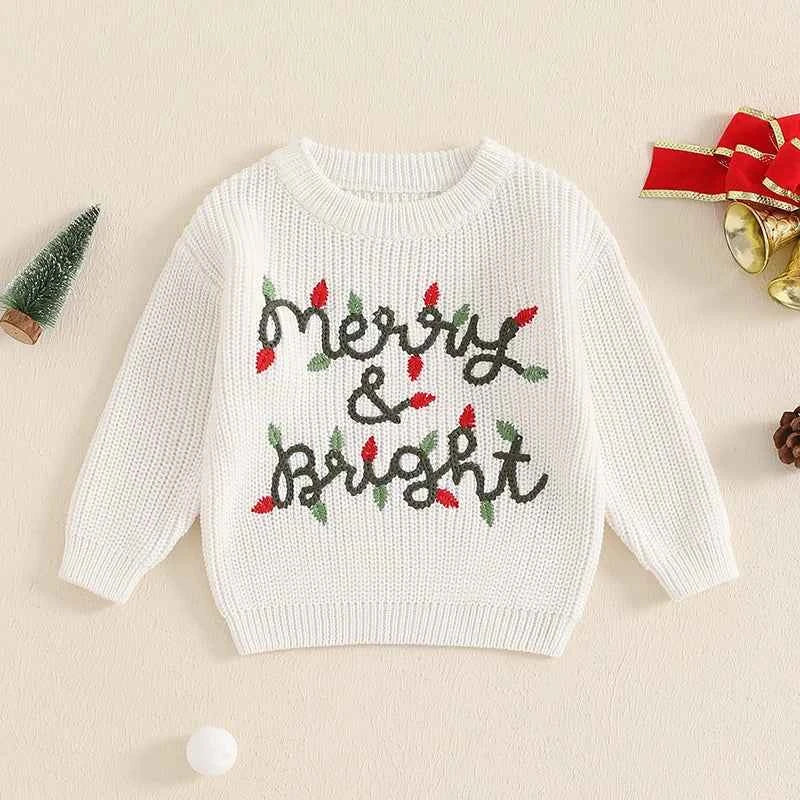Cute Baby Christmas Knit Sweater -  Embroidered Letter Long Sleeve Pullover