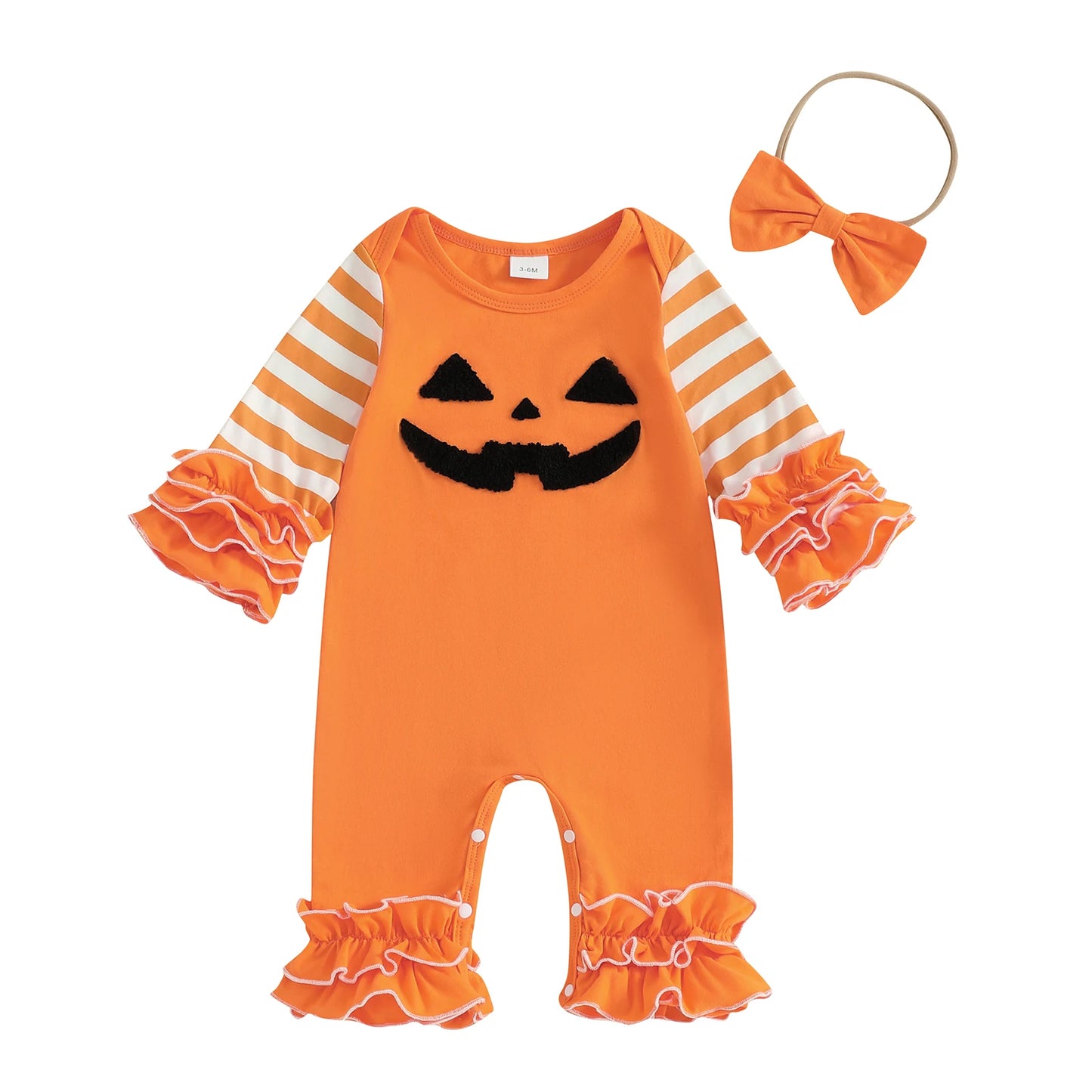 Toddler Baby Girl Halloween Outfit – Pumpkin Ghost Embroidery Romper with Headband