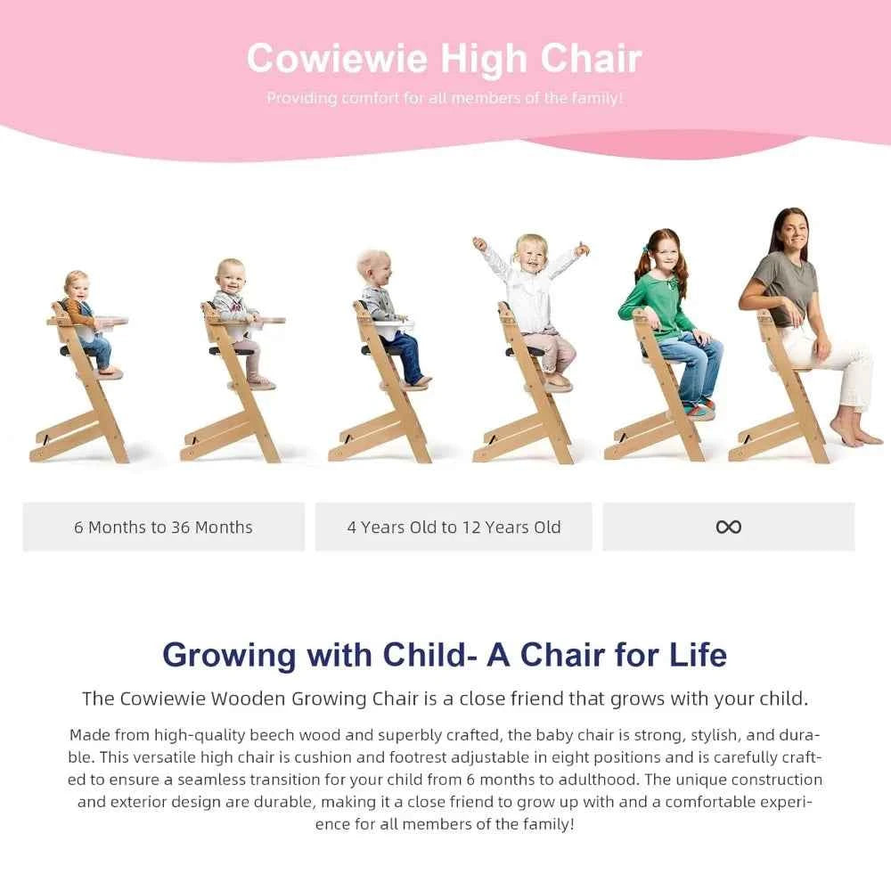 Wooden Baby High Chair – 3-Tier Adjustable 8-Height Levels Feeding Chair with Cushion & Double Tray (6M–3Y)