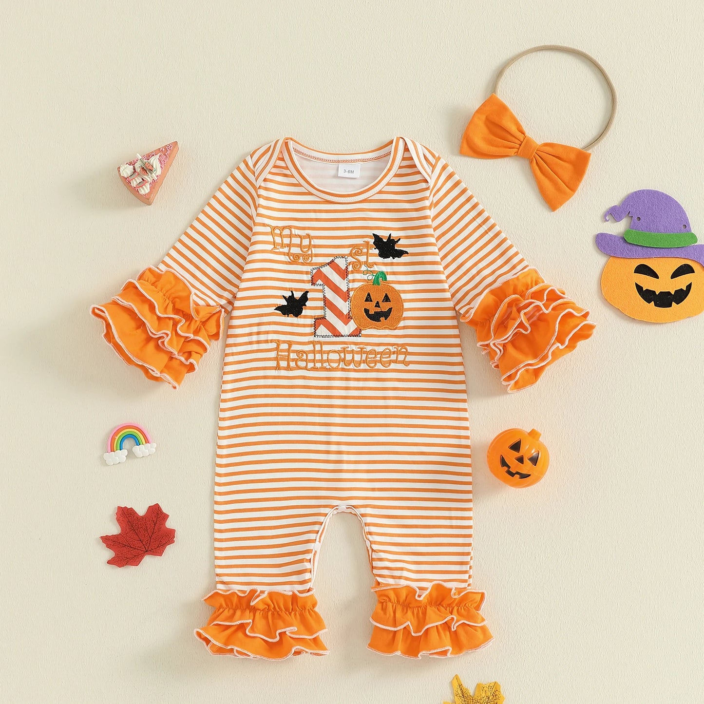 Toddler Baby Girl Halloween Outfit – Pumpkin Ghost Embroidery Romper with Headband