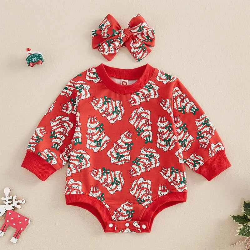 Baby Girl Christmas Romper Set – Long Sleeve Tree Print Jumpsuit with Cute Headband