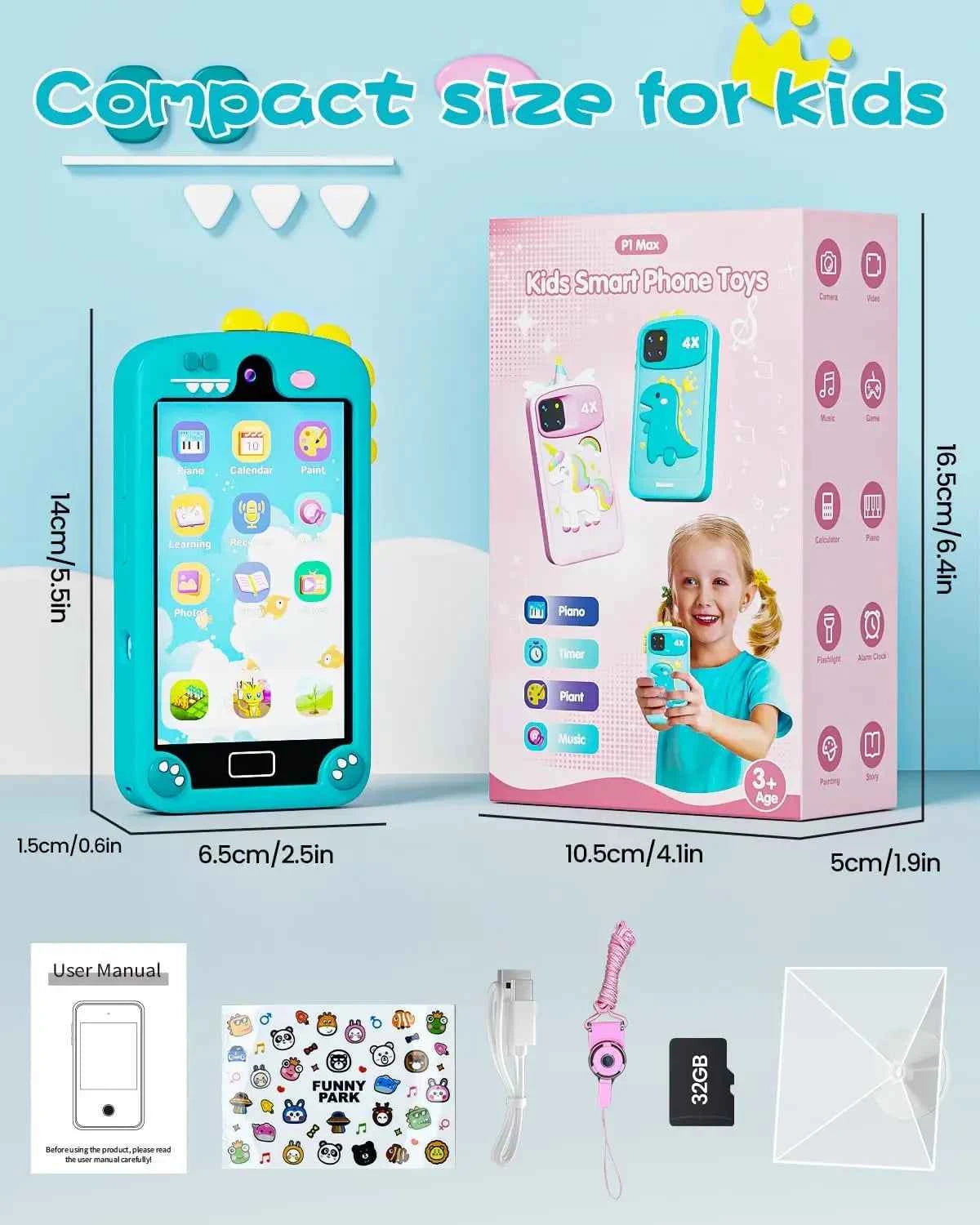 Kids Learning Smart Phone Toy – 4.0" Touchscreen with Dual Camera and 32GB Storage (Cyan Blue)