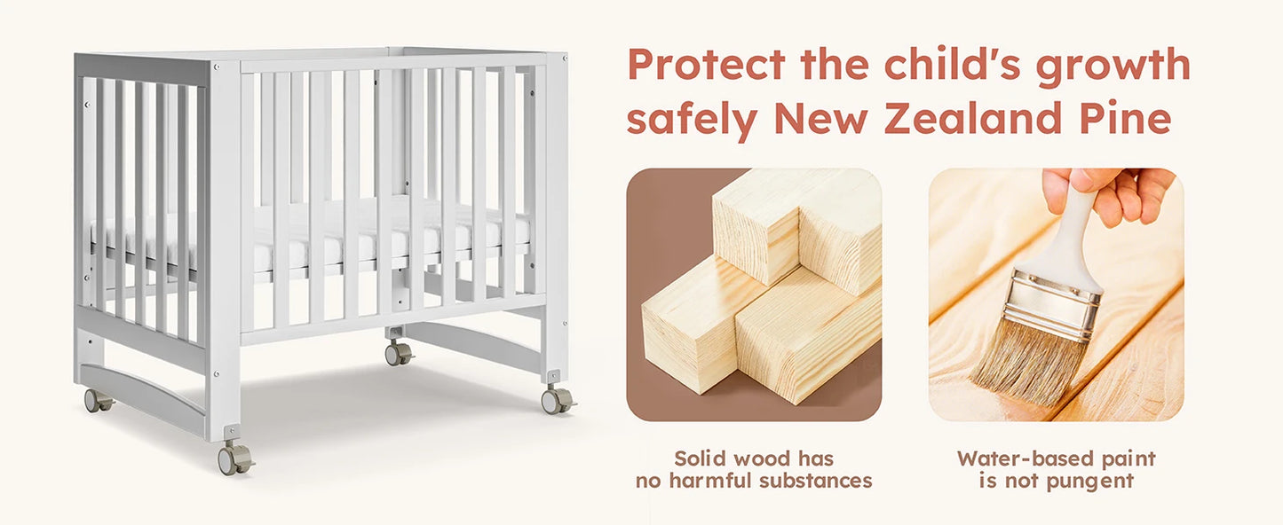 EvoNest 6-in-1 Portable Mini Crib with Mattress – White New Zealand Pinewood, 4 Height Adjustable