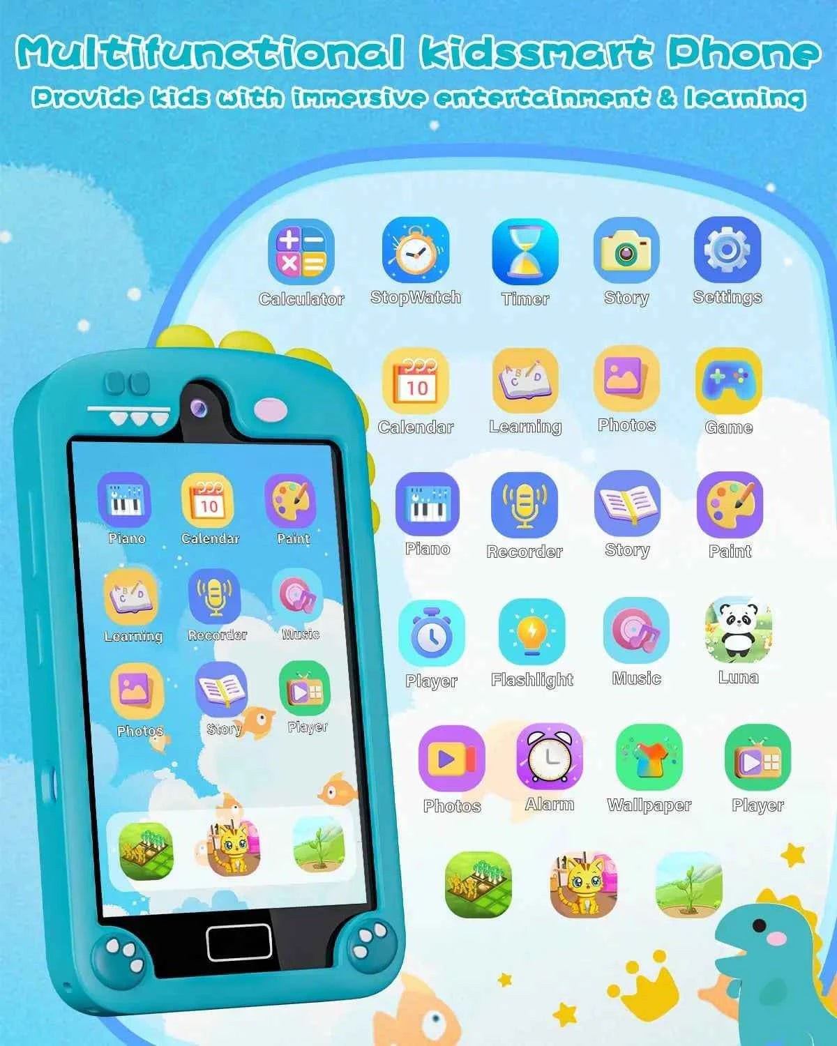 Kids Learning Smart Phone Toy – 4.0" Touchscreen with Dual Camera and 32GB Storage (Cyan Blue)