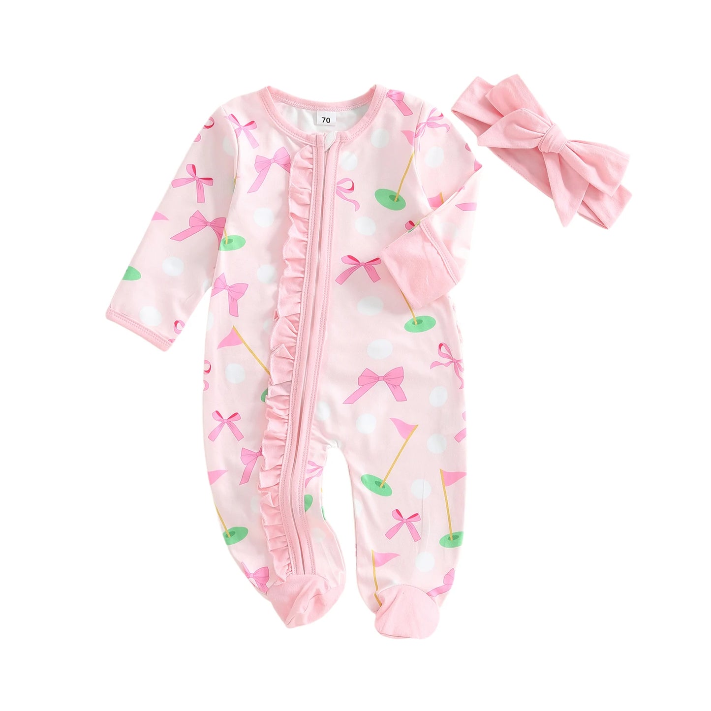 Baby Girl Fall Outfit – Golf Print Ruffled Footie Romper & Bow Headband Set (2PCS)