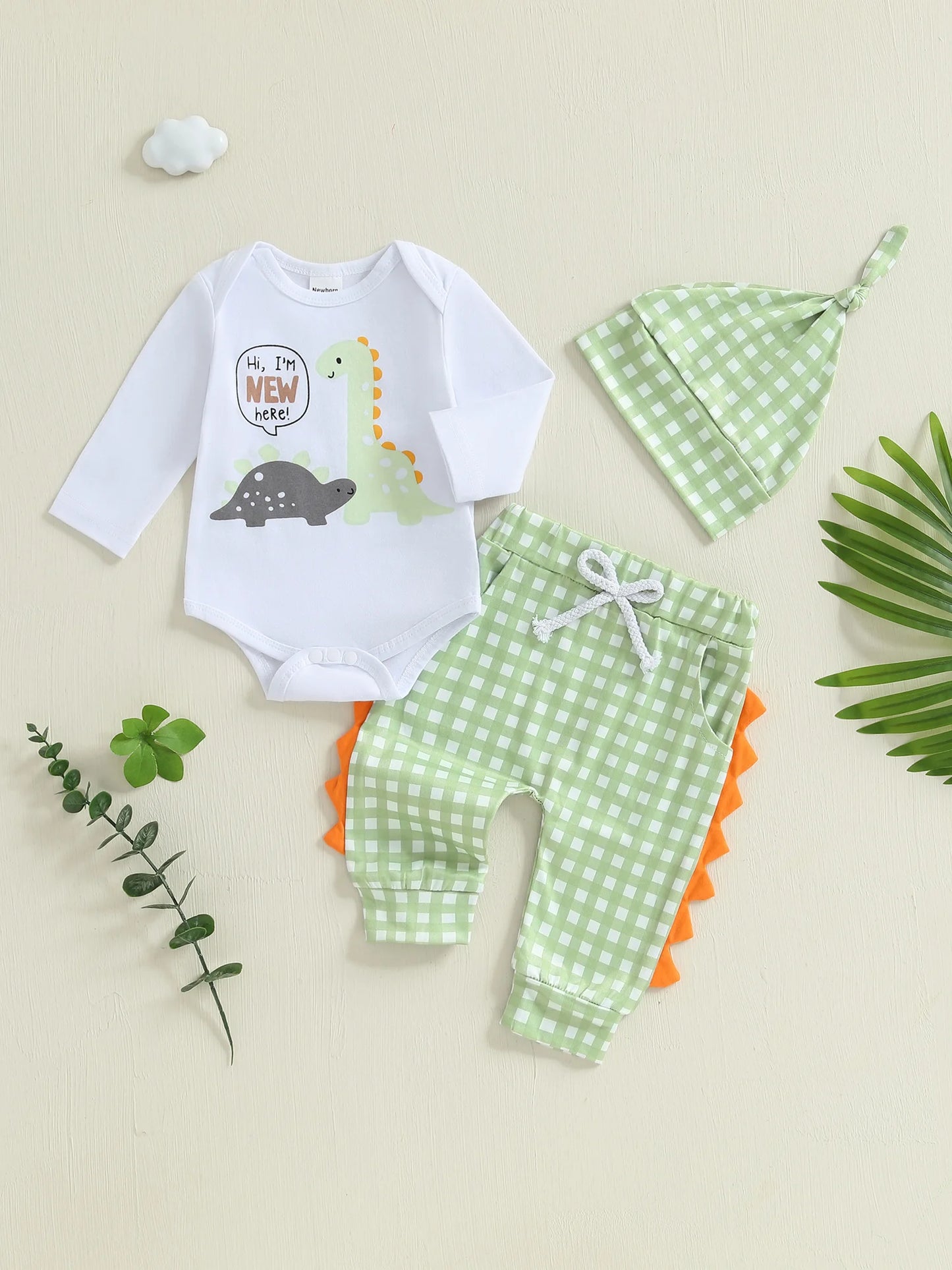 Toddler Boy Birthday Outfit – Dinosaur Print Romper and Denim Overalls 2-Piece Summer Set with Matching Hat
