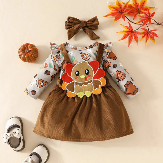 Baby Girl Thanksgiving Outfit – Long Sleeve Romper Dress with Headband