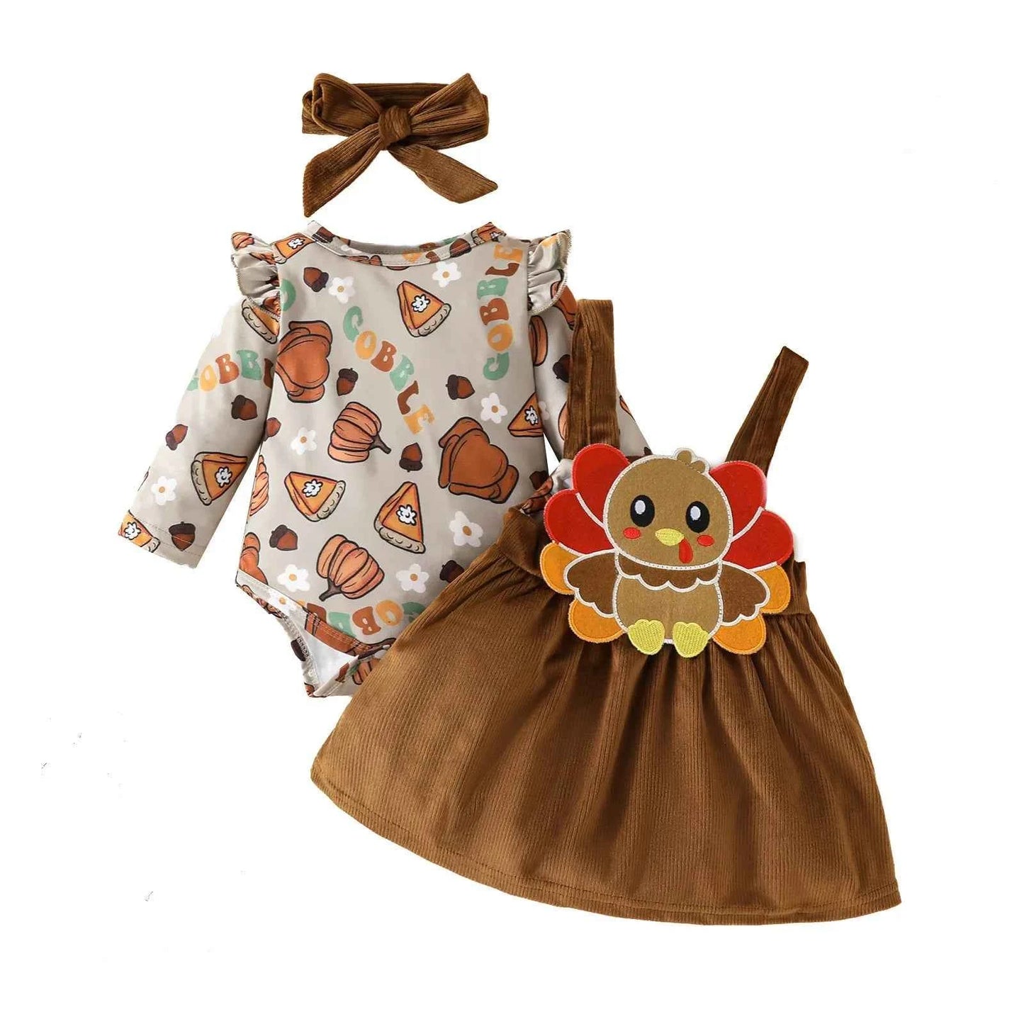 Baby Girl Thanksgiving Outfit – Long Sleeve Romper Dress with Headband