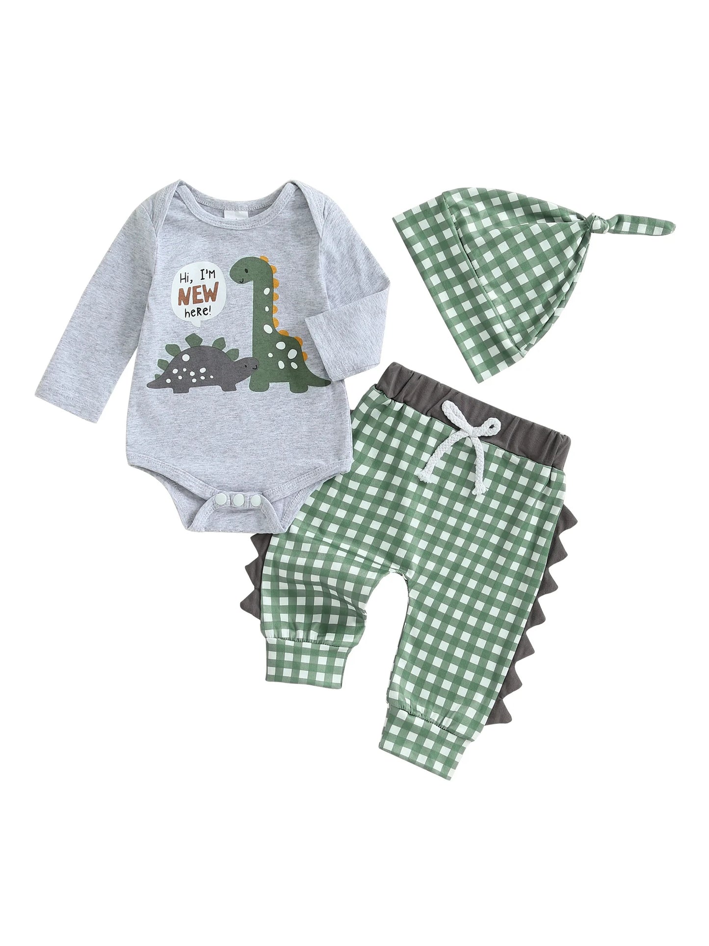 Toddler Boy Birthday Outfit – Dinosaur Print Romper and Denim Overalls 2-Piece Summer Set with Matching Hat