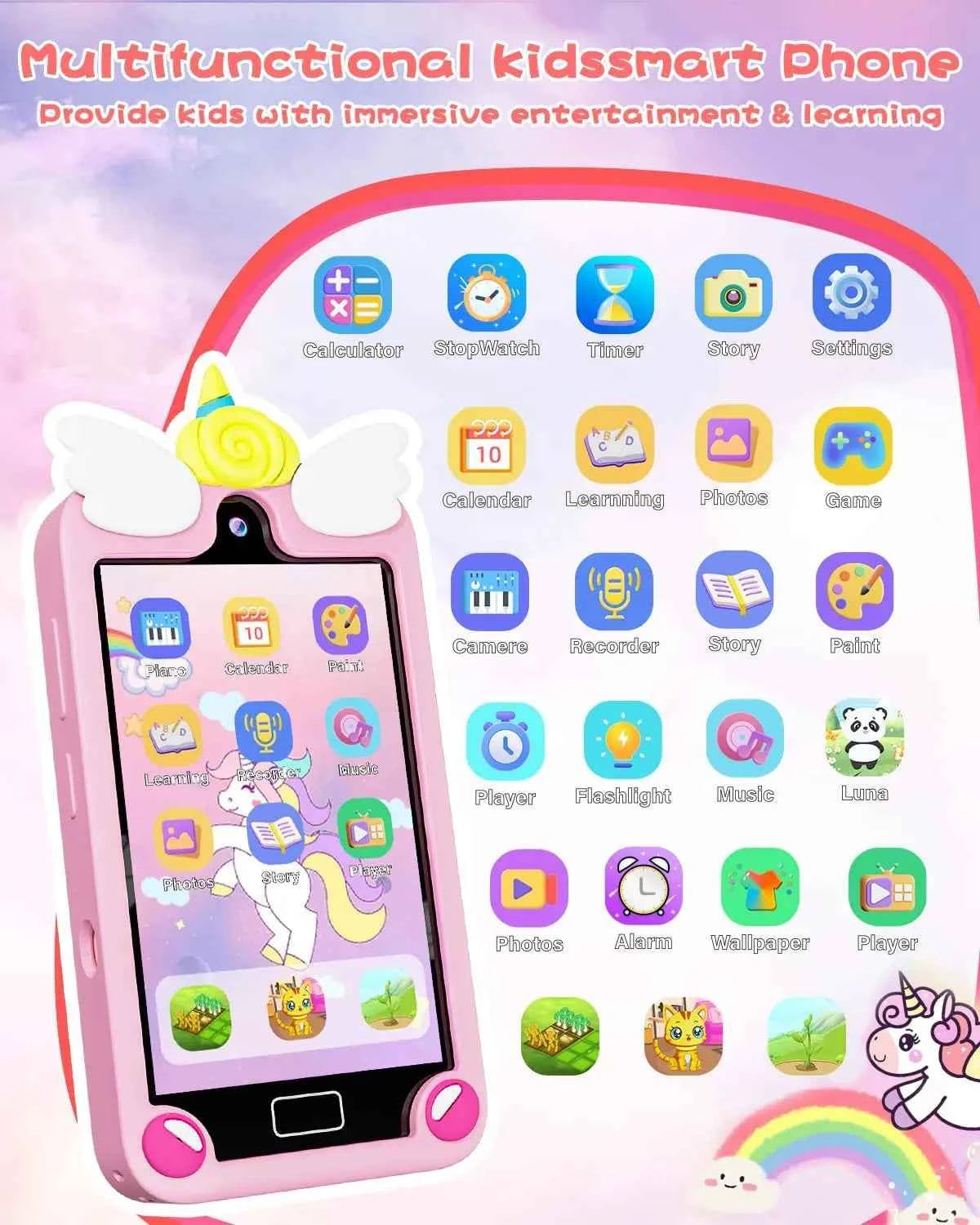 Kids Learning Smart Phone Toy – 4.0" Touchscreen with Dual Camera and 32GB Storage (Pink)