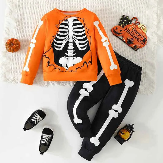Kids Halloween Outfit – Skeleton Print Sweatshirt and Pants 2-Piece Set (2–7T)