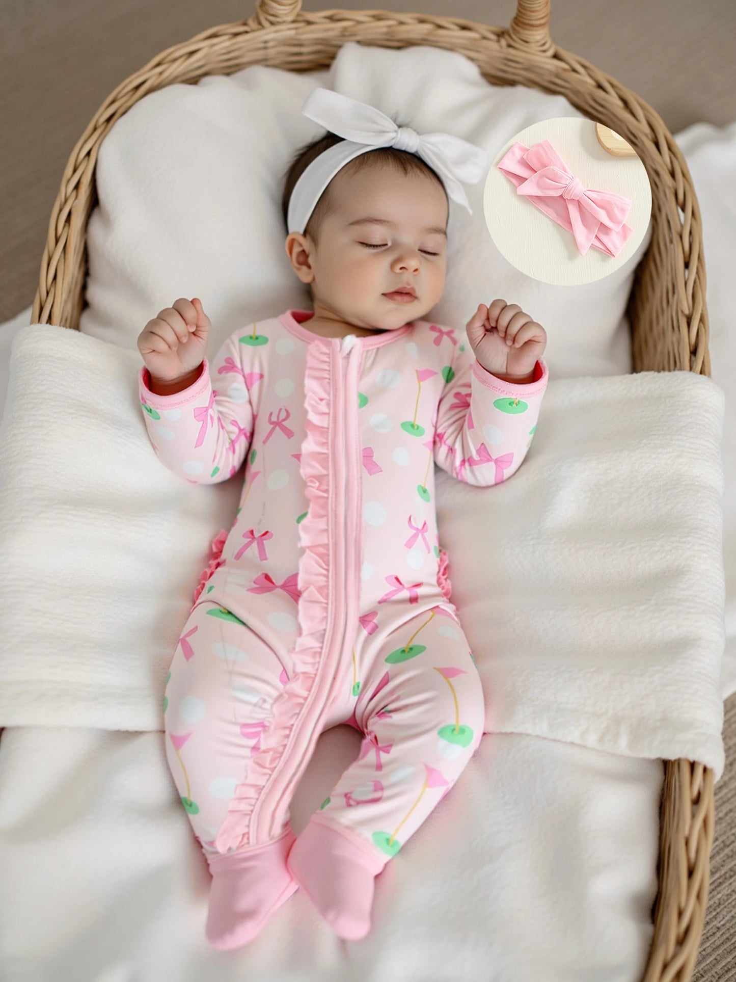 Baby Girl Fall Outfit – Golf Print Ruffled Footie Romper & Bow Headband Set (2PCS)