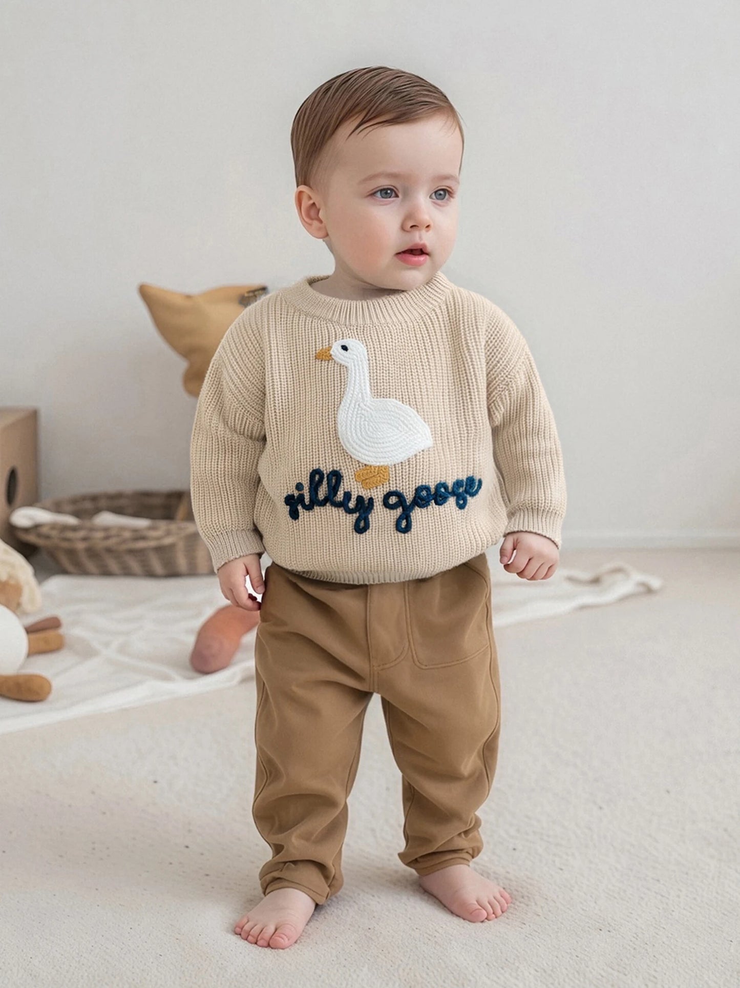 Toddler Boys ‘Silly Goose’ Embroidered Sweater – Crewneck Long Sleeve Pullover