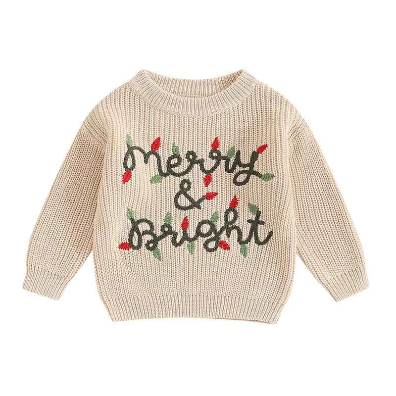Cute Baby Christmas Knit Sweater -  Embroidered Letter Long Sleeve Pullover