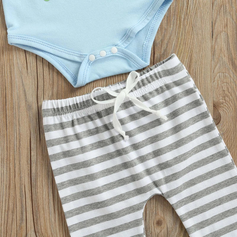Infant Baby Outfit 3-Piece Set – Bunny Print Bodysuit with Striped Bottoms, Bunny Ear Beanie for My 1st Easter