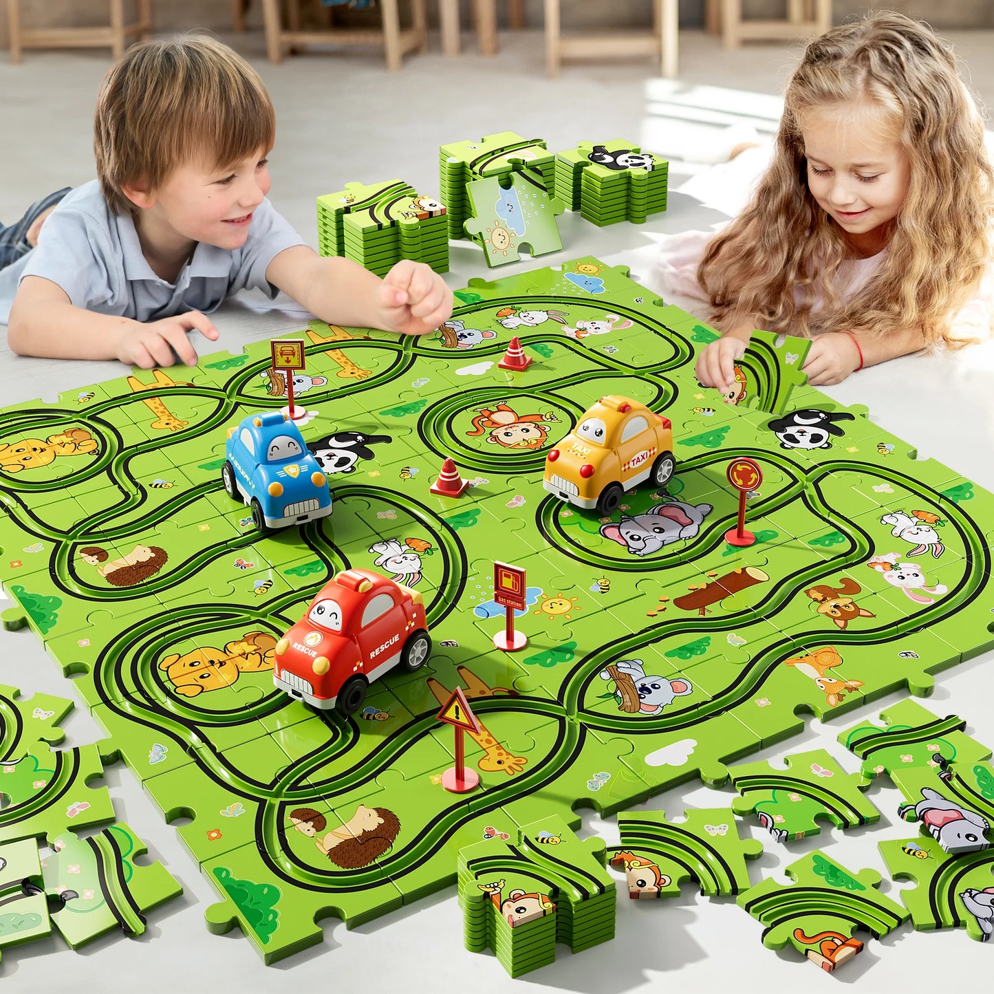 Jigsaw Puzzle Race Track Car Set – Puzzle & Car Toys for Kids Ages 3-5