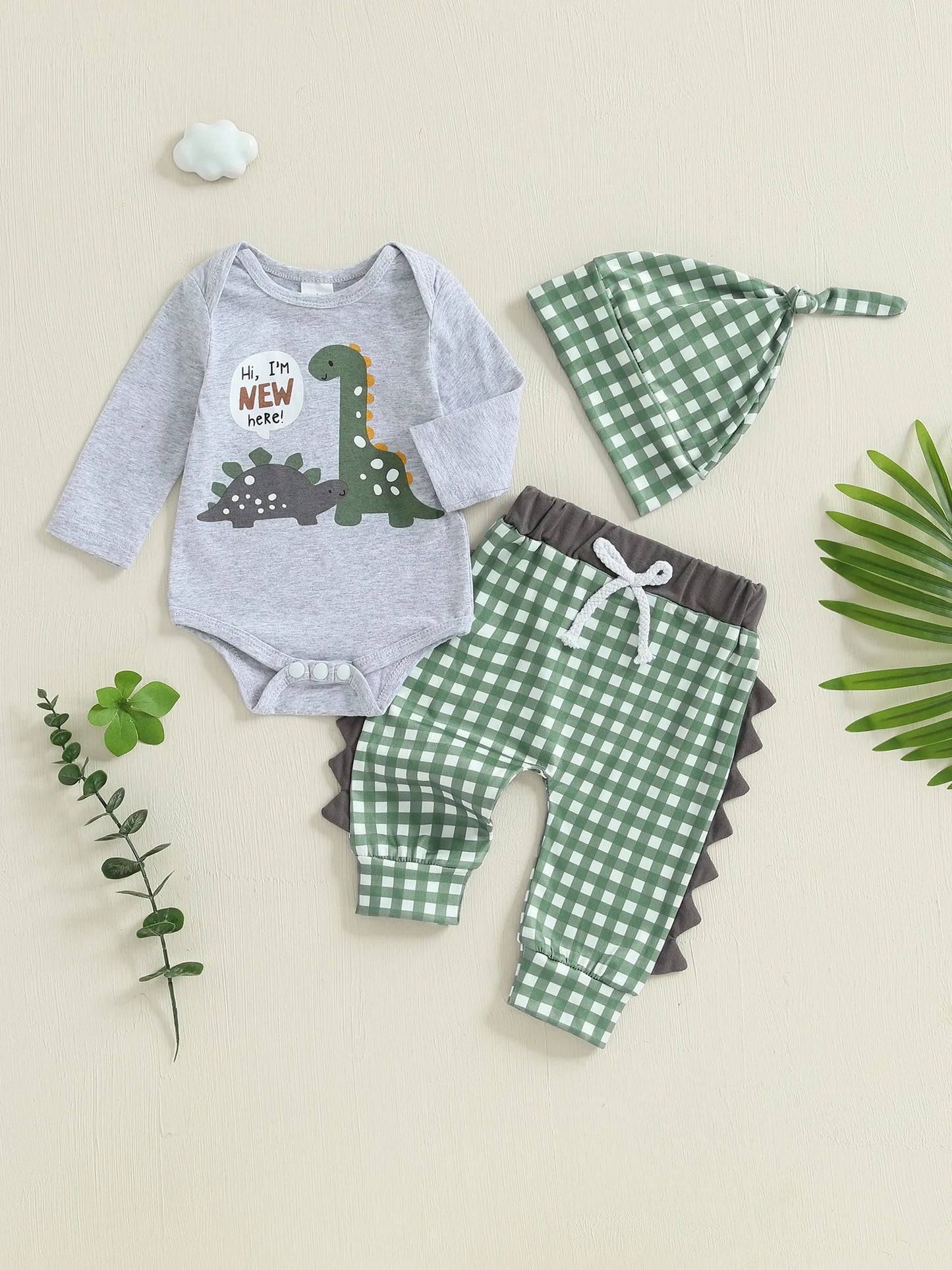 Toddler Boy Birthday Outfit – Dinosaur Print Romper and Denim Overalls 2-Piece Summer Set with Matching Hat