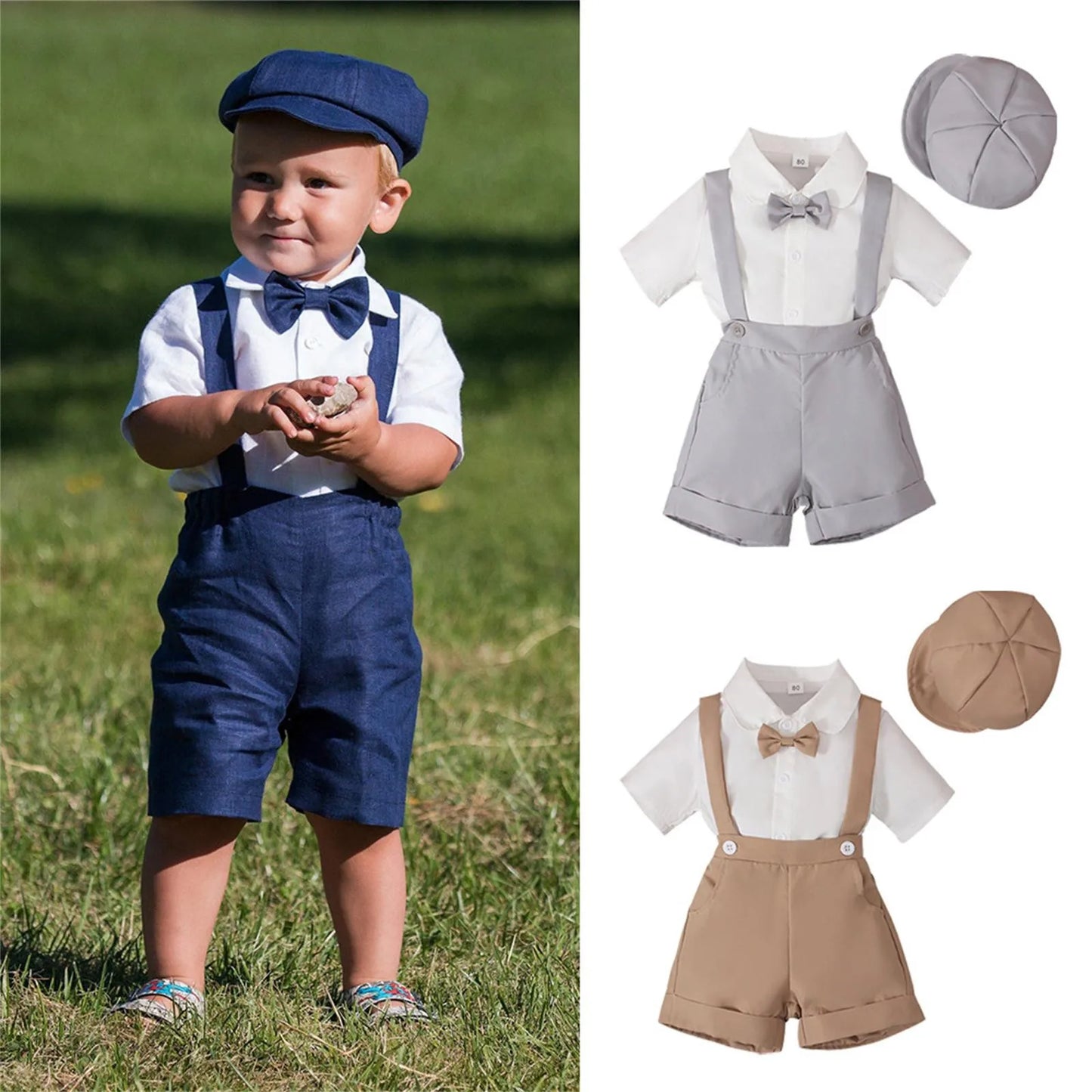 Boys Summer Gentleman Outfit – 4-Piece Set with Bow Tie Shirt, Suspenders Shorts & Hat