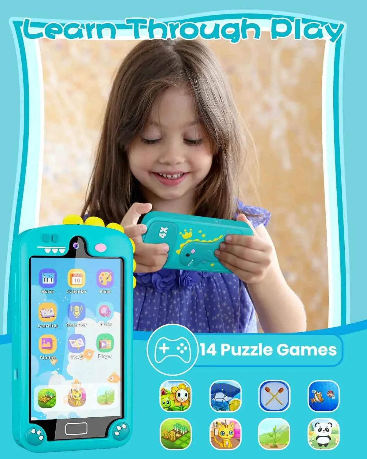 Kids Learning Smart Phone Toy – 4.0" Touchscreen with Dual Camera and 32GB Storage (Cyan Blue)