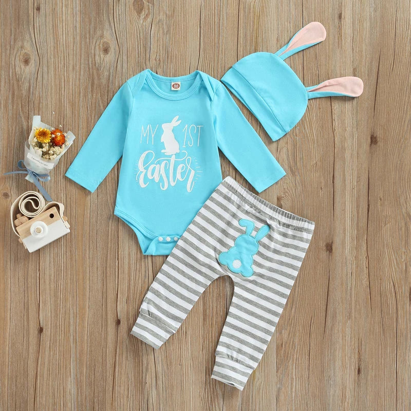 Infant Baby Outfit 3-Piece Set – Bunny Print Bodysuit with Striped Bottoms, Bunny Ear Beanie for My 1st Easter