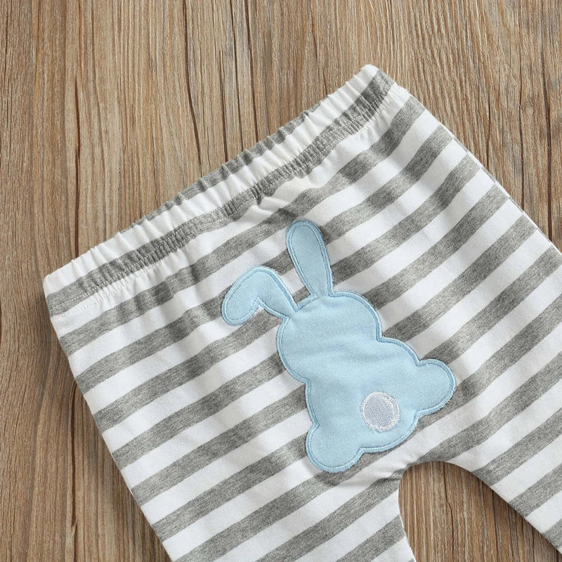 Infant Baby Outfit 3-Piece Set – Bunny Print Bodysuit with Striped Bottoms, Bunny Ear Beanie for My 1st Easter