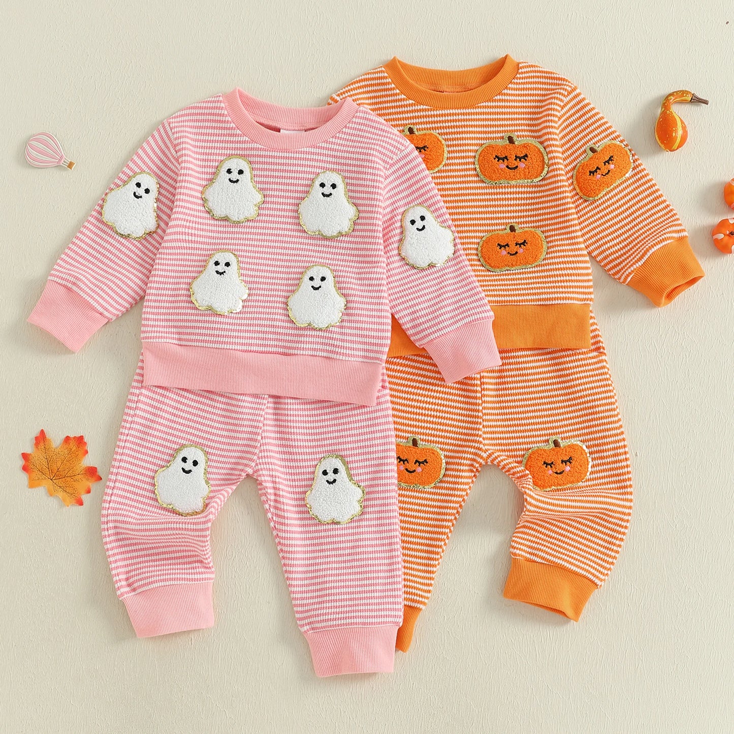 Toddler Baby Halloween Outfit – Ghost and Pumpkin Print Sweatshirt with Pants Set