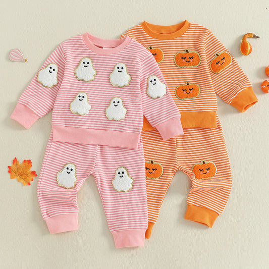 Toddler Baby Halloween Outfit – Ghost and Pumpkin Print Sweatshirt with Pants Set