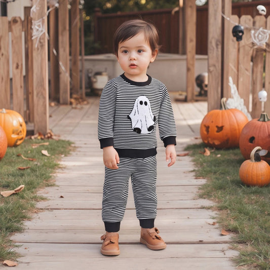 Toddler Baby Halloween Outfit – Ghost Embroidery Striped Sweatshirt + Elastic Pants 2-Piece Set