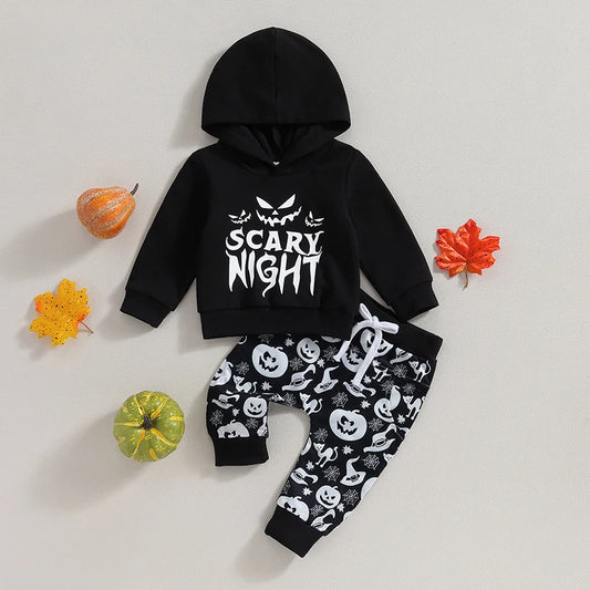 Baby Boys Halloween Outfit – Hooded Letter Print Hoodie and Pumpkin Sweatpants 2-Piece Set (0–3Y)