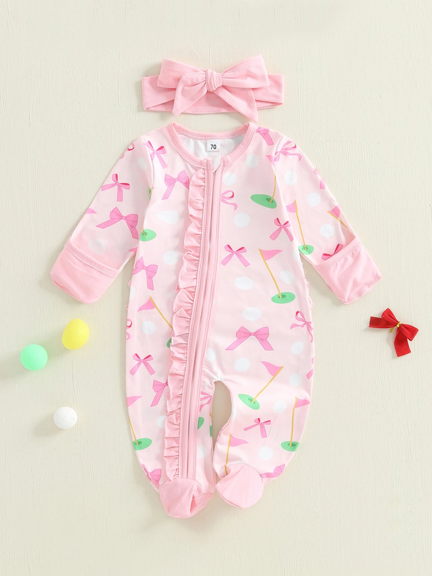 Baby Girl Fall Outfit – Golf Print Ruffled Footie Romper & Bow Headband Set (2PCS)