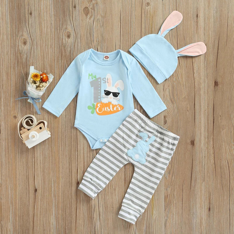 Infant Baby Outfit 3-Piece Set – Bunny Print Bodysuit with Striped Bottoms, Bunny Ear Beanie for My 1st Easter
