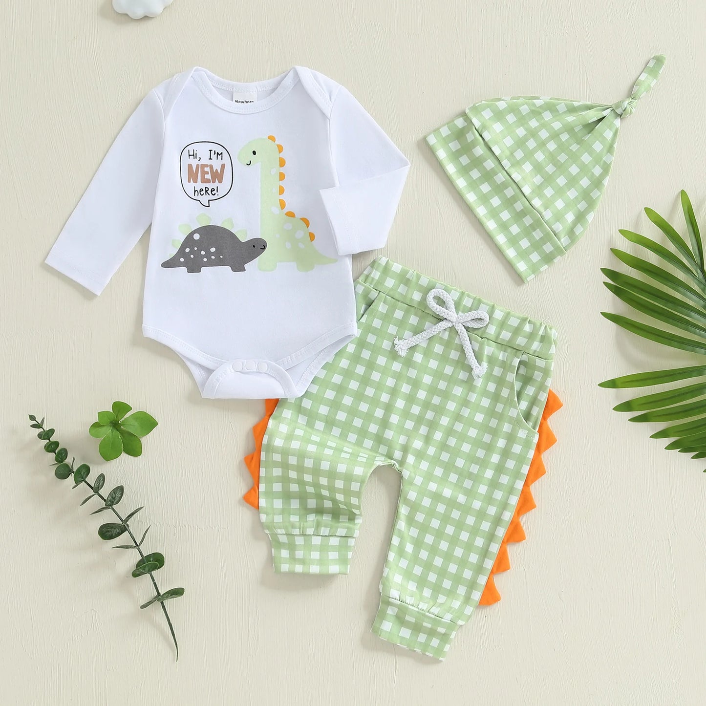 Toddler Boy Birthday Outfit – Dinosaur Print Romper and Denim Overalls 2-Piece Summer Set with Matching Hat