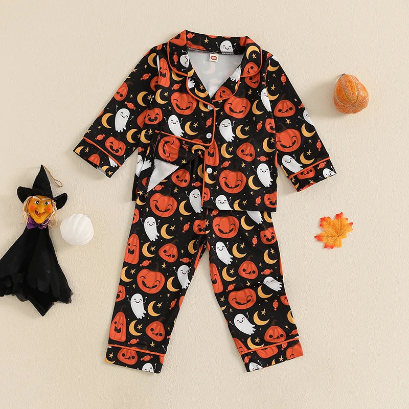 Kids Halloween Pajama Set – Pumpkin Ghost Print Button-Up Top and Pants (1–5T)