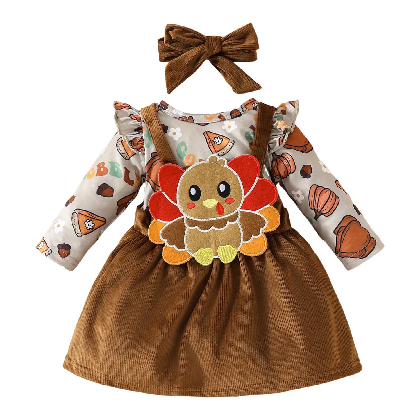 Baby Girl Thanksgiving Outfit – Long Sleeve Romper Dress with Headband